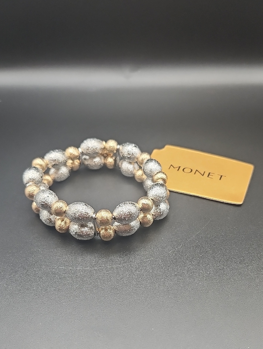 Monet Silver and Gold Double-Row Beaded Stretch Bracelet